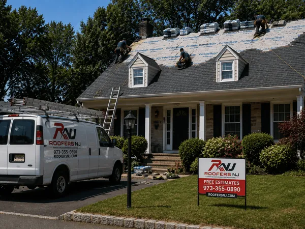 Aerial view of the Roofers NJ team replacing the roof on a large New Jersey home with branded van and dumpster trailer on site