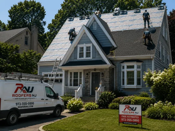 Aerial view of Roofers NJ crew installing synthetic underlayment on a large New Jersey home roof before new shingles, with branded van and dumpster on site
