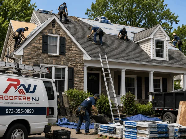 Roofers NJ crew installing a new CertainTeed shingle roof on a stone Cape Cod home in New Jersey with branded service van on site