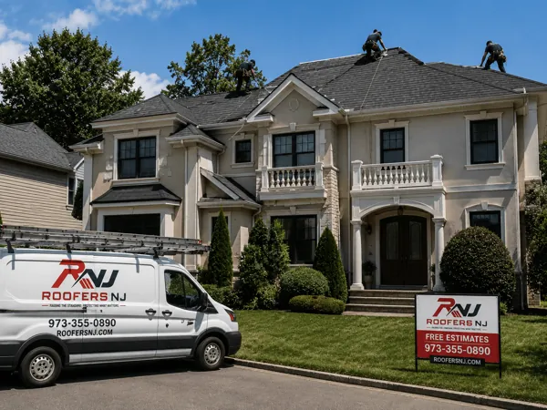 Roofers NJ roofers installing underlayment on a shingle-style New Jersey home with branded van and free-estimate yard sign in the front yard