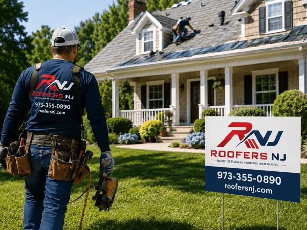 A Roofers NJ roofer with tool belt and nail gun walking toward a New Jersey home with a Roofers NJ yard sign during a roof replacement