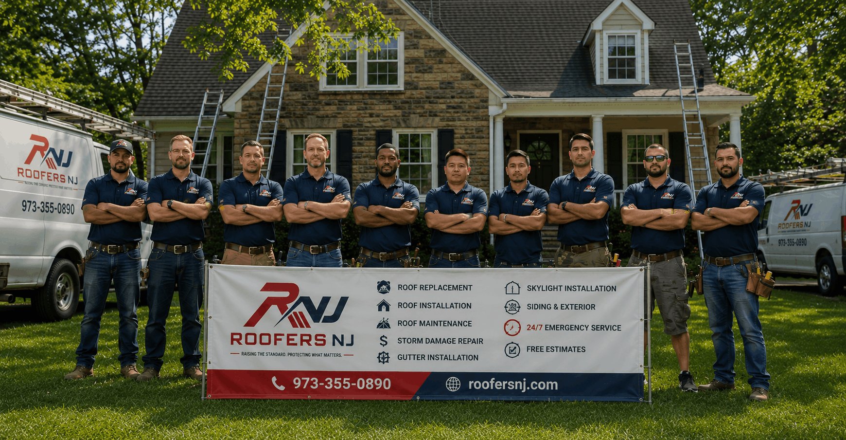 The Roofers NJ team of licensed roofing contractors standing with branded service vans in front of a New Jersey home